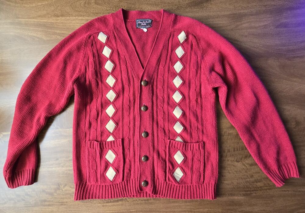 Vintage Gino De Roma Knits Red Cable Knit Cardigan Sweater Diamond Patch Small S